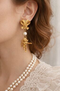 Gold Cherub Drop Earrings Bow Pearl Dangle Baroque Rococo Vintage